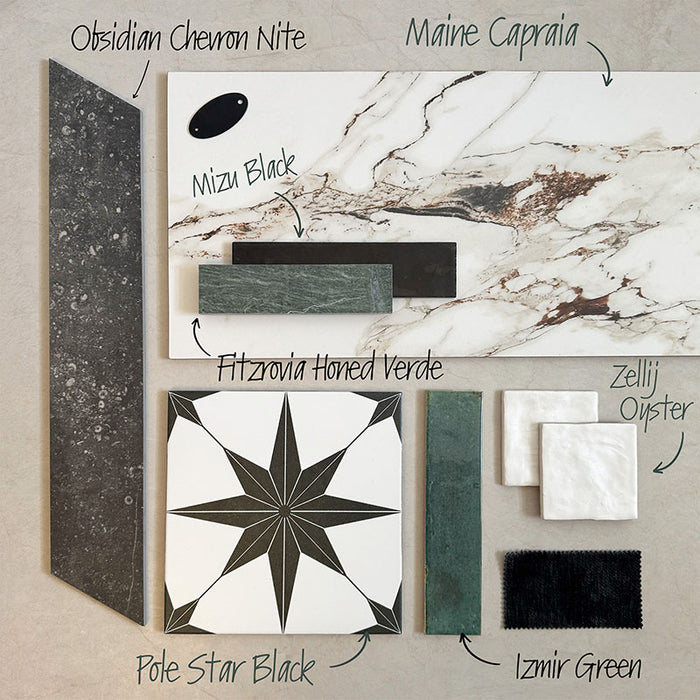 Moodboard featuring Izmir Brick Green Gloss 6x25cm tiles paired with Fitzrovia Honed Verde, Pole Star Black, Maine Capraia, and Zellij Oyster tiles, styled with dark accents and marble textures for a bold, luxurious design palette.