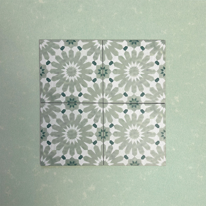 Fizaan Jade Green Moroccan-style 20×20cm porcelain tile featuring a soft green and white geometric star pattern.