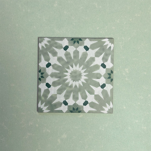 Fizaan Jade Green Moroccan-style 20×20cm porcelain tile featuring a soft green and white geometric star pattern.