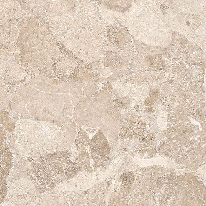 Close-up of Jeddah Avorio Sassi Terrazzo Stone 60x60cm stone-effect wall and floor tile, featuring warm ivory and beige tones with natural stone-inspired veining, subtle texture and an elegant, timeless finish.