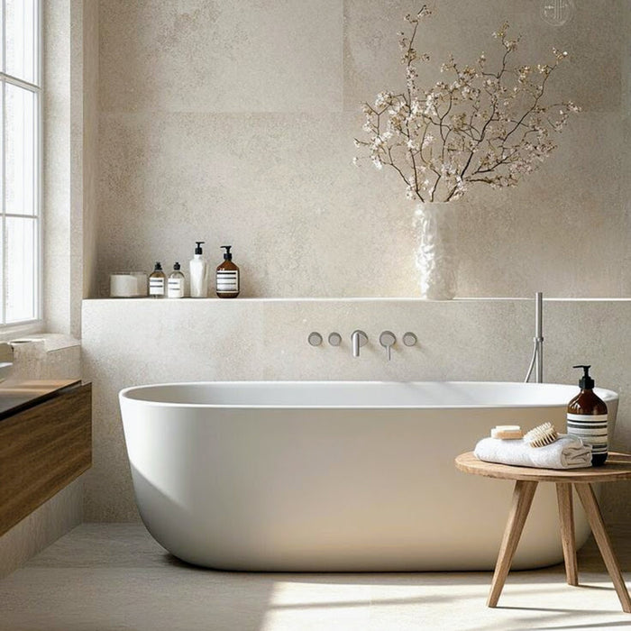 Minimalist bathroom featuring Jeddah Blanco Neutra Stone 60x60cm stone-effect wall and floor tiles, showcasing soft ivory tones with subtle linear movement, paired with a freestanding white bath, oak vanity, warm neutral décor and brushed stainless steel fittings.