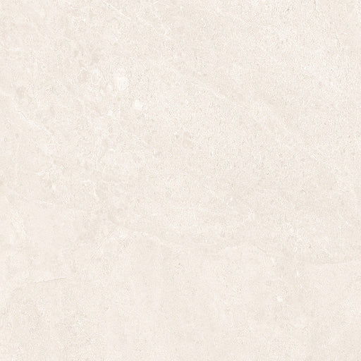 Close-up of Jeddah Blanco Neutra Stone 60x60cm stone-effect wall and floor tile, featuring soft cream and ivory tones with delicate natural stone-inspired veining and a subtle, elegant textured finish.