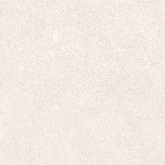 Close-up of Jeddah Blanco Neutra Stone 60x60cm stone-effect wall and floor tile, featuring soft cream and ivory tones with delicate natural stone-inspired veining and a subtle, elegant textured finish.