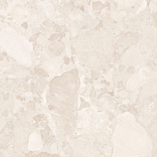 Close-up of Jeddah Blanco Sassi Terrazzo Stone 60x60cm stone-effect wall and floor tile, featuring soft cream and beige tones with natural stone-inspired veining, subtle texture and an elegant, timeless finish.