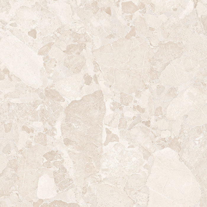 Close-up of Jeddah Blanco Sassi Terrazzo Stone 60x60cm stone-effect wall and floor tile, featuring soft cream and beige tones with natural stone-inspired veining, subtle texture and an elegant, timeless finish.