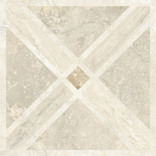 Jesi Travertine Decor 60x60cm travertine effect wall and floor tile, showcasing a geometric linear pattern in soft cream and beige tones with delicate natural-style veining, creating a timeless and elegant decorative finish.
