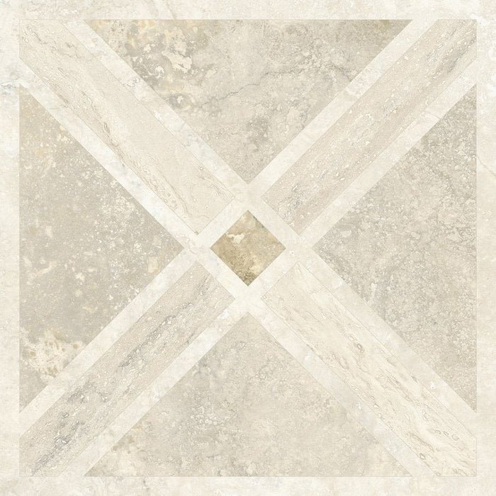 Jesi Travertine Decor 60x60cm travertine effect wall and floor tile, showcasing a geometric linear pattern in soft cream and beige tones with delicate natural-style veining, creating a timeless and elegant decorative finish.