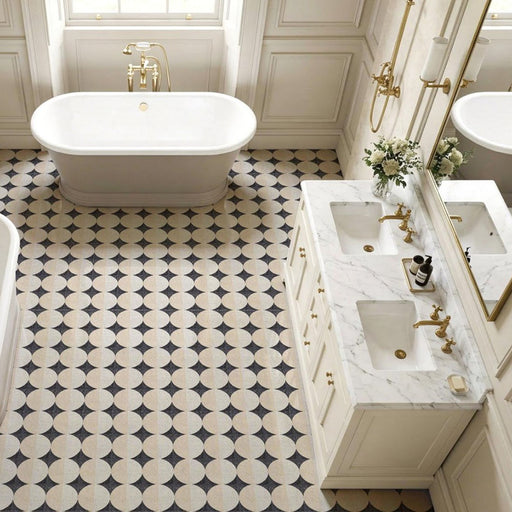 Classic bathroom featuring Kasuf Night 20x20cm terrazzo-style decor floor tiles, styled with a freestanding bath, marble vanity, and brushed brass fixtures for an elegant monochrome interior with a timeless geometric look.
