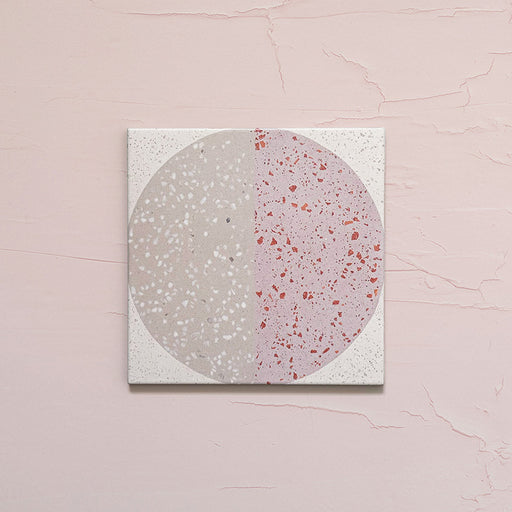 Kasuf Rose 20x20cm terrazzo-style decor tiles featuring a soft pink and neutral circular pattern with speckled terrazzo detailing, ideal for adding a playful yet elegant geometric look to contemporary interiors.