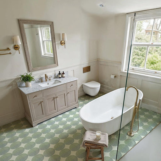 Bathroom featuring Kasuf Verde 20x20cm terrazzo-style decor floor tiles, styled with soft sage green tones, a freestanding bath, and brushed brass fixtures for a calming contemporary interior with a subtle geometric feel.