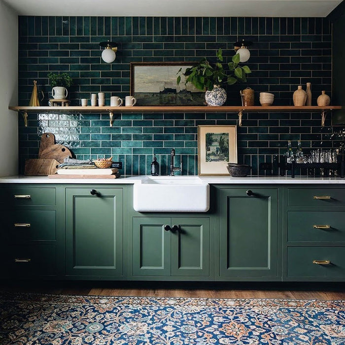 Zellij Gloss Green brick Moroccan style tiles, 6.5cm x 20cm, rich deep green tones with natural variation, glossy glazed finish, traditional brick layout, kitchen splashback setting with handcrafted character.