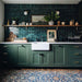 Zellij Gloss Green brick Moroccan style tiles, 6.5cm x 20cm, rich deep green tones with natural variation, glossy glazed finish, traditional brick layout, kitchen splashback setting with handcrafted character.