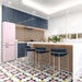 Geometry Contour patterned tiles in a 20x20cm size featured in a modern kitchen setting, showcasing pink circular motifs, mustard and teal linear accents, and brown geometric details on a light background. The tiles complement navy cabinetry, a pastel pink fridge, marble countertops, and gold-framed bar stools for a bold and colourful interior design.