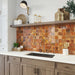 Kitchen featuring Beijing Amber Decor Square 10x10cm Moroccan-style ceramic wall tiles, styled with wooden cabinetry, gold fittings and a white marble countertop.