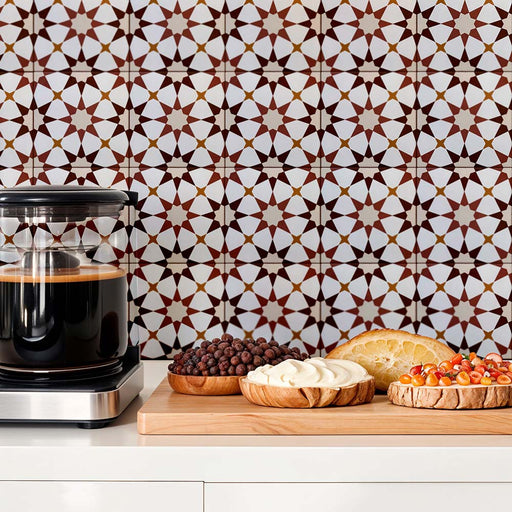Kitchen featuring Agraba Cotto 20x20cm Moroccan-style ceramic wall tiles in warm terracotta and white tones, styled with a wooden countertop, coffee machine, and rustic breakfast setting for a cosy Mediterranean look.