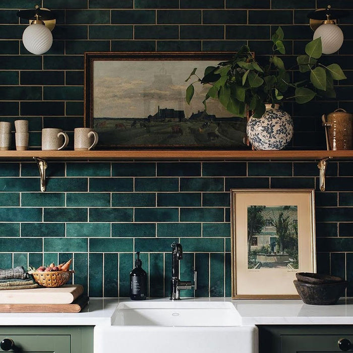 Zellij Gloss Green brick Moroccan style tiles, 6.5cm x 20cm, rich deep green tones with natural variation, glossy glazed finish, traditional brick layout, kitchen splashback setting with handcrafted character.