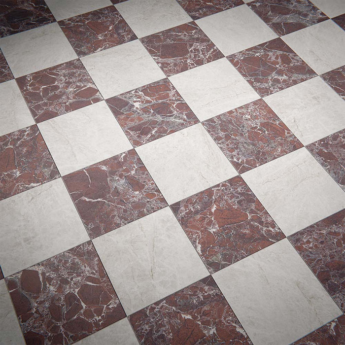 Floor setting featuring Grand Bazaar Levant Rouge Matt Marble effect 30 × 30cm porcelain tiles in a chequerboard layout, combining rich red and soft neutral tones with natural stone-inspired veining.