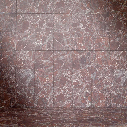 Wall and floor setting featuring Grand Bazaar Levant Rouge Matt Marble effect 30 × 30cm porcelain tiles, laid in a grid layout, showcasing rich red tones, soft matt finish, and natural stone-inspired veining.