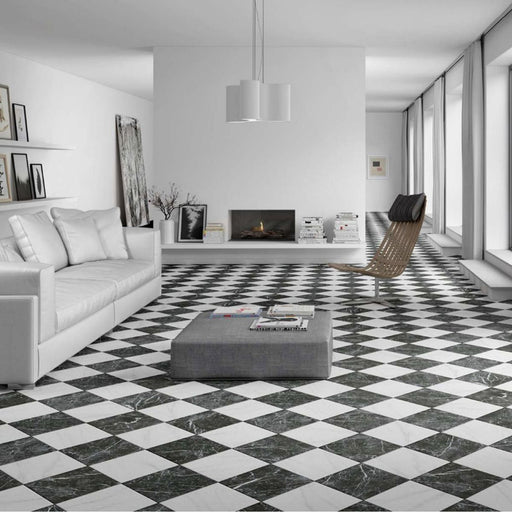 Living room featuring Calacatta Nero Black marble-effect 25×25cm porcelain floor tiles laid in a striking black and white chequerboard pattern, styled with contemporary white furniture, minimalist décor, and floor-to-ceiling windows.