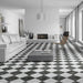 Living room featuring Calacatta Nero Black marble-effect 25×25cm porcelain floor tiles laid in a striking black and white chequerboard pattern, styled with contemporary white furniture, minimalist décor, and floor-to-ceiling windows.