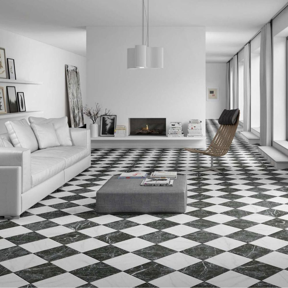 Living room featuring Calacatta Blanca White marble-effect 25×25cm porcelain floor tiles laid in a classic chequerboard pattern, styled with modern white seating, minimalist décor, and large floor-to-ceiling windows.