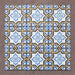 Grouped layout of Carnaby Maestro Victorian-style 20x20cm porcelain wall and floor tiles, showing the full repeating intricate blue floral motif framed by mustard and black geometric borders on an aged white background.