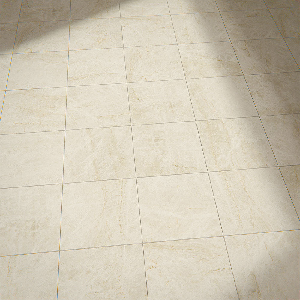 Floor setting featuring Grand Bazaar Mahal Matt Marble effect 30 × 30cm porcelain tiles, laid in a grid layout, showcasing soft beige tones, subtle veining, and a natural stone-inspired matt finish.