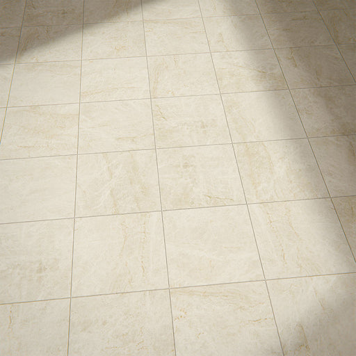 Floor setting featuring Grand Bazaar Mahal Matt Marble effect 30 × 30cm porcelain tiles, laid in a grid layout, showcasing soft beige tones, subtle veining, and a natural stone-inspired matt finish.