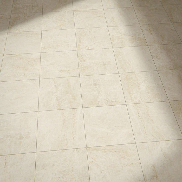 Floor setting featuring Grand Bazaar Mahal Matt Marble effect 30 × 30cm porcelain tiles, laid in a grid layout, showcasing soft beige tones, subtle veining, and a natural stone-inspired matt finish.