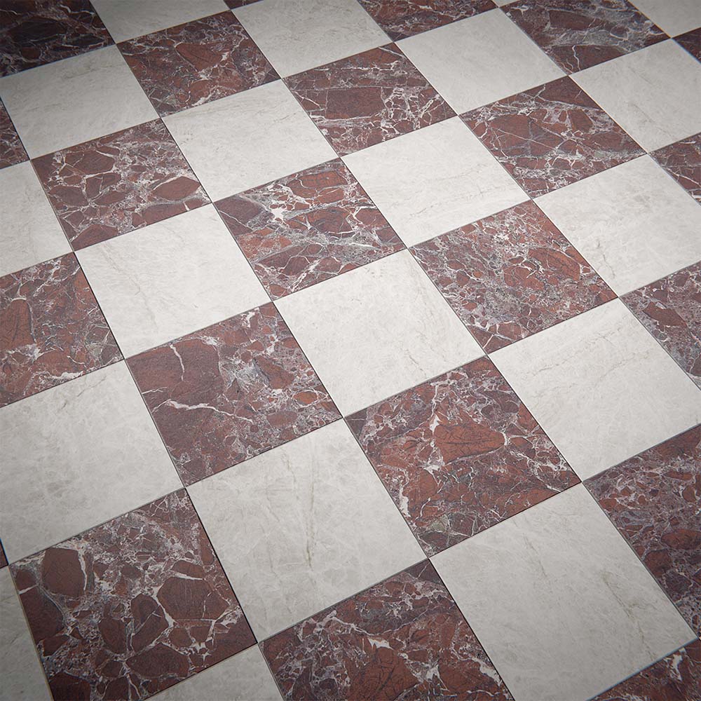 Floor setting featuring Grand Bazaar Mahal Matt Marble effect 30 × 30cm porcelain tiles in a chequerboard layout, combining rich red and soft neutral tones with natural stone-inspired veining.