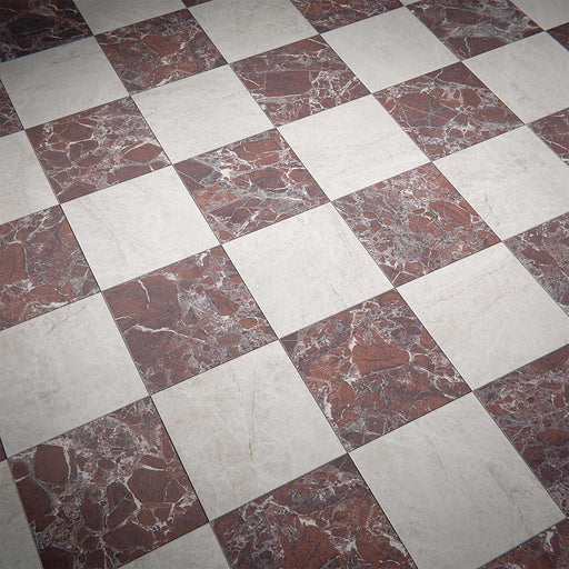 Floor setting featuring Grand Bazaar Mahal Matt Marble effect 30 × 30cm porcelain tiles in a chequerboard layout, combining rich red and soft neutral tones with natural stone-inspired veining.