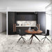Modern kitchen and dining space featuring Maine Calacatta Matt Marble 60 × 60cm porcelain floor tiles, showcasing a crisp white base with soft grey veining, paired with dark cabinetry, warm wood tones, and minimalist styling for a clean, contemporary finish.