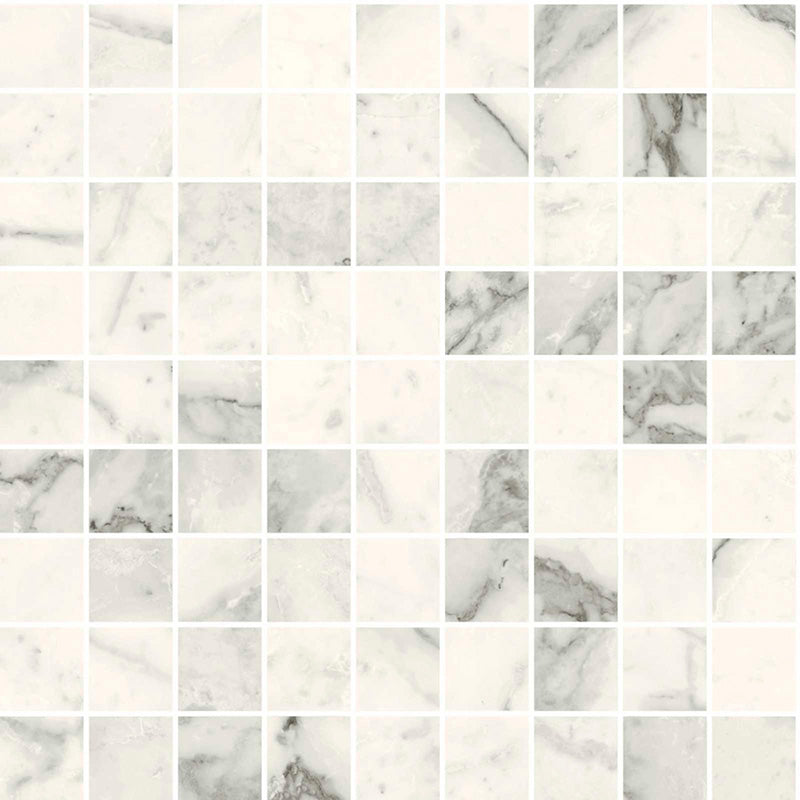 Flat lay of Maine Calacatta Mosaic Matt Marble 30 × 30cm porcelain tiles, featuring small-format squares that showcase a soft white base with subtle grey veining, creating a light, textured surface ideal for splashbacks, shower areas, or detailed flooring.