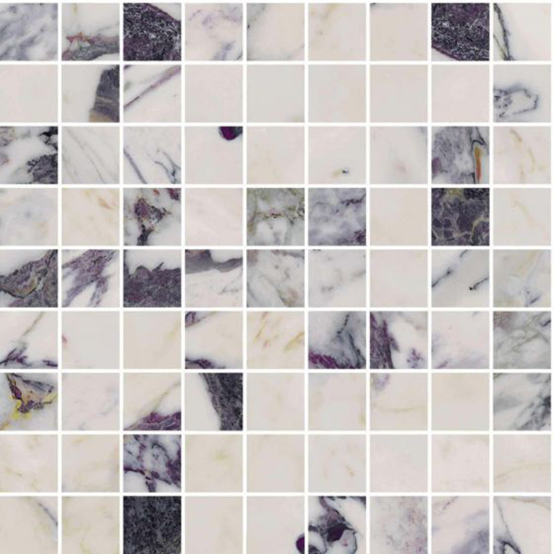 Flat lay of Maine Capraia Mosaic Matt Marble 30 × 30cm porcelain tiles, featuring small-format squares that highlight a white base with bold grey and deep tonal veining, creating a textured, statement surface ideal for feature walls, splashbacks, or detailed flooring.