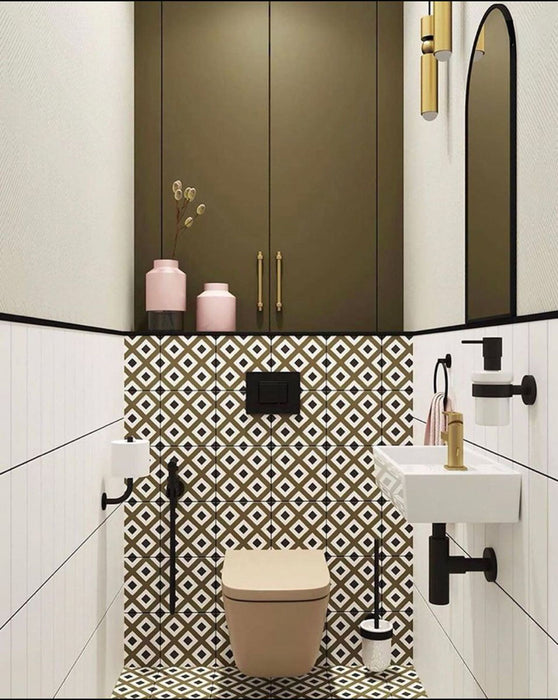 Cloakroom featuring Manhattan White Flat Matt Metro Wall Tiles 7.5cm x 30cm, paired with Carnaby Park Road Victorian style floor tiles, black and brass fittings, a floating basin and olive green fitted cabinetry.
