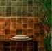 Interior featuring Beijing Amber Square 10x10cm Moroccan-style ceramic wall tiles, styled with dark furniture, neutral ceramics and green foliage for a warm, earthy look.
