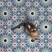 Floor styled with Fizaan Artisan Moroccan-style 20×20cm porcelain tiles, featuring a blue, green and soft pink geometric pattern with a cat for scale.