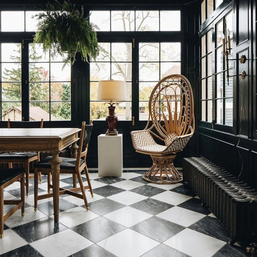Marketing setting featuring Calacatta Grand Nero Black marble-effect 50×50cm porcelain floor tiles laid in a bold chequerboard pattern, styled with dark panelled walls, vintage wooden furniture, and rattan seating for a dramatic, design-led interior.