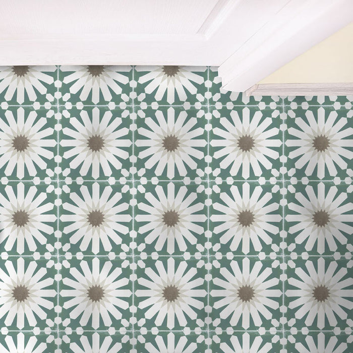 Marketing setting featuring Soukaina Green B Moroccan-style 20cm x 20cm patterned porcelain wall tiles, showcasing a repeating geometric star design in soft green, white and warm neutral tones with a matt finish.