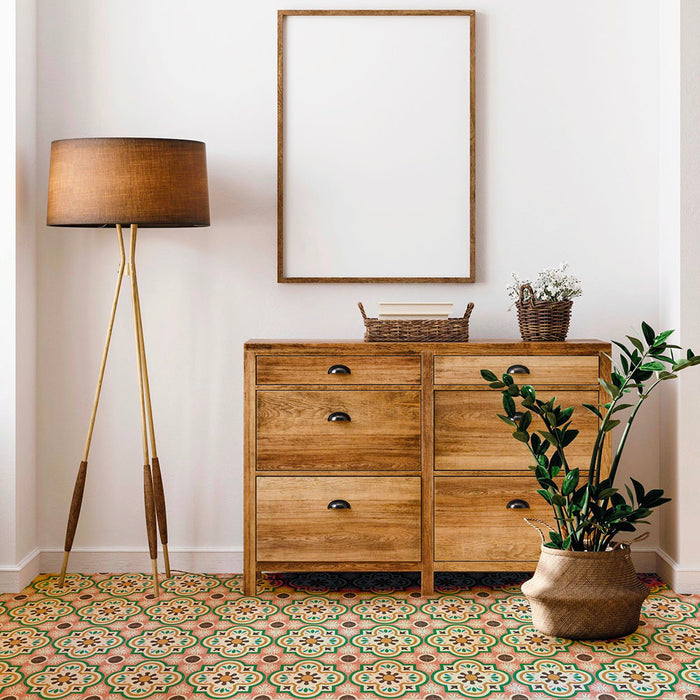 Hallway featuring Cabana Paradise 20x20cm Moroccan-style ceramic floor tiles in a multicolour floral pattern, styled with natural wood furniture and a woven plant basket