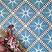 Galata Blue Moroccan Style 20x20cm tiles arranged in a star and diamond pattern featuring white starburst motifs and black geometric borders on a soft blue background, styled with pink and burgundy florals in the corner for a decorative marketing setting.