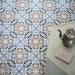 Empire Blue 15x15cm Victorian-style floor tiles in a marketing setting, featuring intricate floral and geometric motifs in blue, grey, white, and terracotta tones for a classic heritage look.