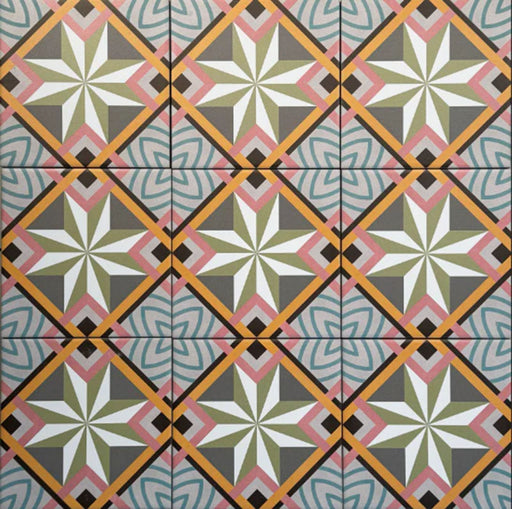 Cabana Star Mini 15x15cm Moroccan-style ceramic tiles in a multicolour geometric star pattern, shown in a marketing display setting.