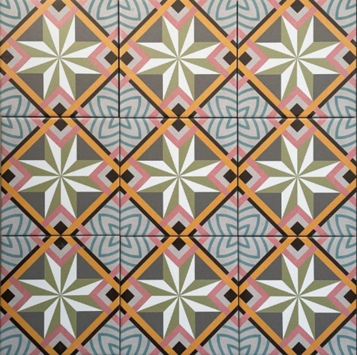 Cabana Star Mini 15x15cm Moroccan-style ceramic tiles in a multicolour geometric star pattern, shown in a marketing display setting.