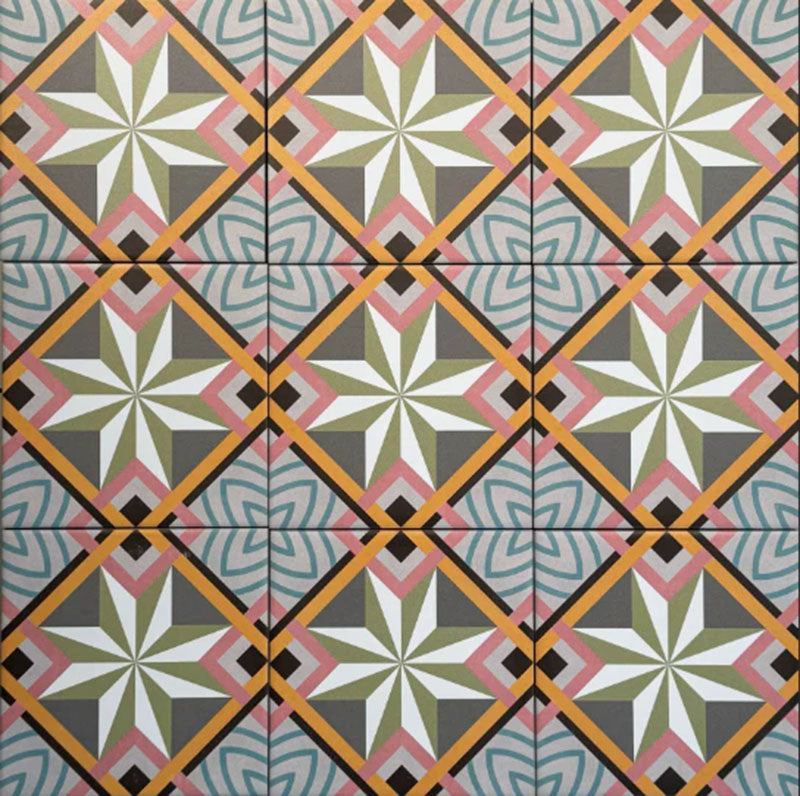 Cabana Star Mini 15x15cm Moroccan-style ceramic tiles in a multicolour geometric star pattern, shown in a marketing display setting.
