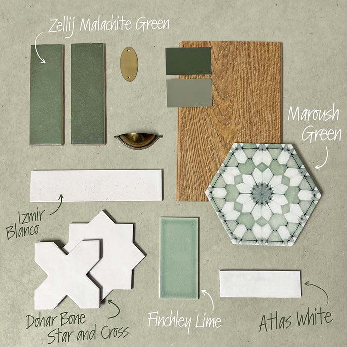 Green and white tile moodboard featuring Maroush Green patterned hexagon tiles, Zellij Malachite Green brick tiles, Dohar Bone Star and Cross tiles, Izmir Blanco and Atlas White wall tiles, styled with wood effect surfaces and brass accents for a fresh kitchen or bathroom tile scheme.
