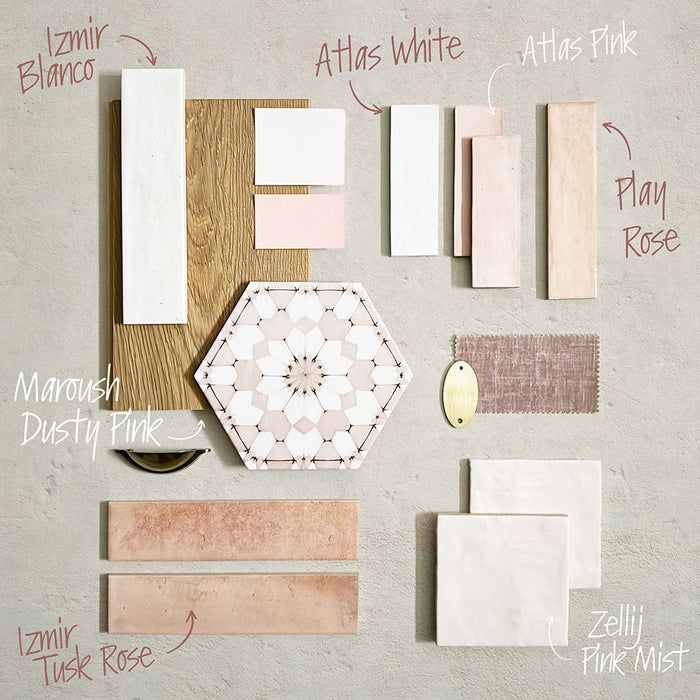 Pink and white tile moodboard featuring Maroush Dusty Pink patterned hexagon tiles, Izmir Blanco and Izmir Tusk Rose brick tiles, Atlas White and Atlas Pink wall tiles, Play Rose tiles and Zellij Pink Mist squares, styled with wood effect and brass accents for a soft bathroom or kitchen tile scheme.