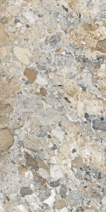Product image of Milano Warm Stone Polished 60x120cm porcelain tiles, featuring a dramatic marble effect design with layered ivory, beige, taupe and grey stone fragments, showcasing the collection's bold natural stone-inspired character in a polished finish.
