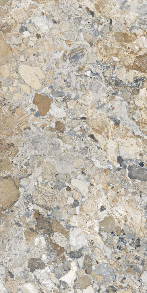Product image of Milano Warm Stone Polished 60x120cm porcelain tiles, featuring a dramatic marble effect design with layered ivory, beige, taupe and grey stone fragments, showcasing the collection's bold natural stone-inspired character in a polished finish.