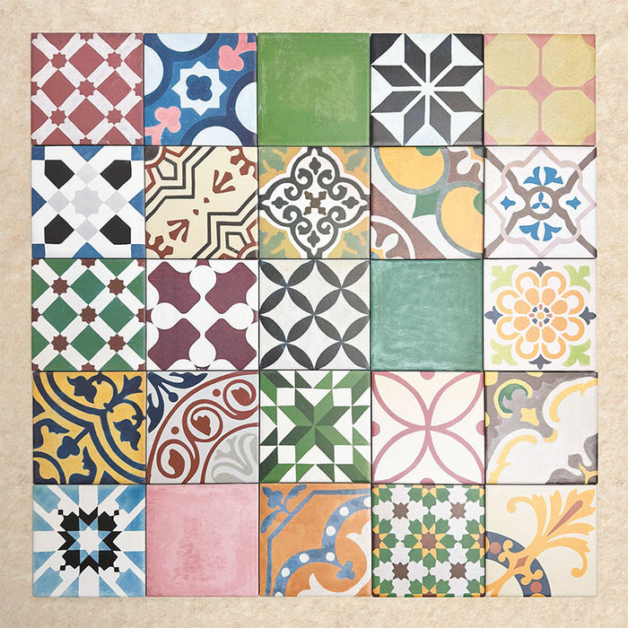 Fihrdos Mini Patchwork Moroccan-style 15x15cm patterned porcelain tiles displayed as a full selection, showcasing a vibrant mix of colourful geometric and traditional decorative designs.